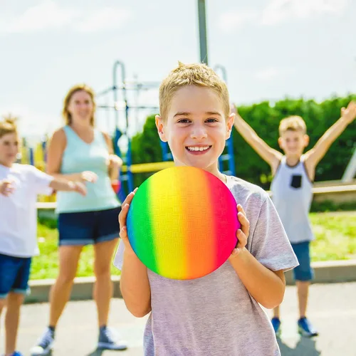 Vista 6 de Juego de 4 bolas de juego arcoíris de 8.5 pulgadas Kickballs con bomba de mano para niños y adultos, juegos de patio escolar para interiores
