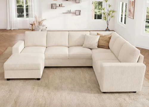 Vista 3 de HONBAY Sofá modular de pana con almacenamiento, sofá en forma de U con diván, sofá modular de 7 plazas para sala de estar, color beige