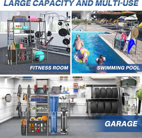 Vista 7 de Heavy Duty Garage Sports Equipment Organizer, All-in-One Golf Bag Storage Rack & Multi-Sport Ball Holder for Basketballs, Bats & Kids Toys