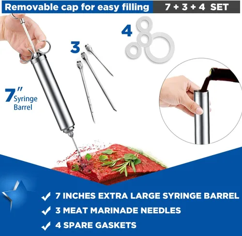 Vista 6 de Kit de inyector de sabor a marinada de carne de grado comercial de acero inoxidable de 4 onzas, inyector de condimento de capacidad de 1/2 taza