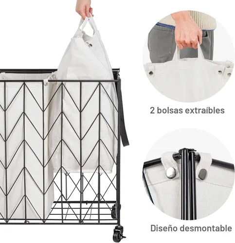 Vista 5 de WOWLIVE Cesta de lavandería con ruedas, cesta de lavandería resistente con tapa de madera, cesta de ropa con bolsa interior extraíble dividida