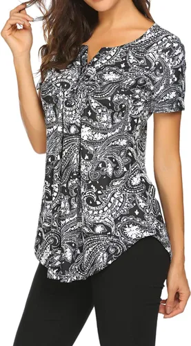 Vista 4 de Blusón plisado de manga corta con estampado floral y cuello Henley en V para mujer, con vuelo.