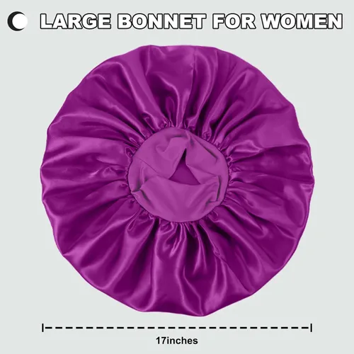 Vista 6 de 2 piezas de gorros de satén extra grandes para dormir de 17 pulgadas, gorro de seda jumbo para mujeres (negro y morado)
