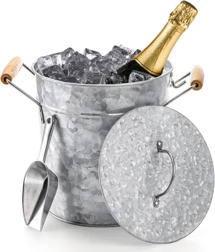 Vista 5 de Frcctre Farmhouse - Cubo de hielo de 4 litros con tapa, bañera de metal galvanizado para bebidas con cuchara y asas, enfriador de bebidas y vino