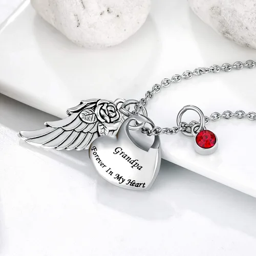 Vista 4 de Collar de urna de cremación de doble corazón viene con ala de ángel y 12 piedras natales para cenizas, colgante conmemorativo, Forever in My Heart
