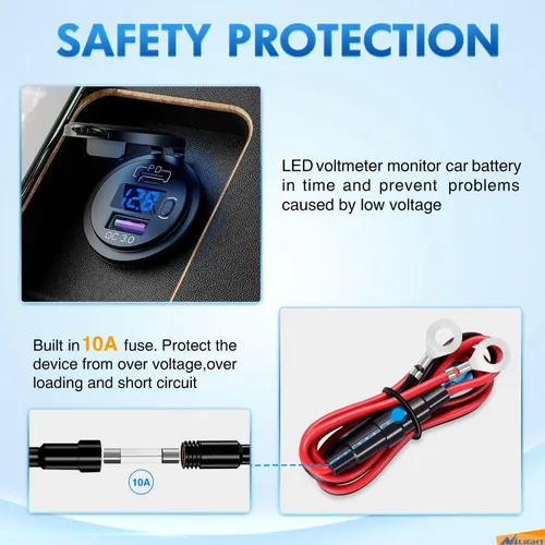 Vista 8 de Nilight Enchufe USB PD tipo C y QC 3.0 USB de carga rápida 12V 24V Enchufe de coche Voltímetro Interruptor de encendido/apagado Kit de alambre