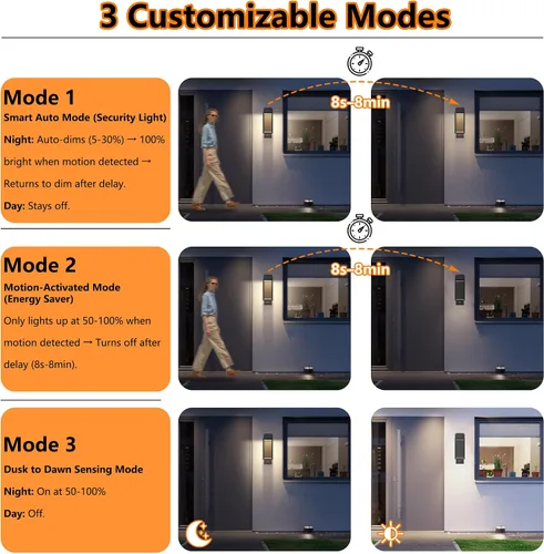 Vista 3 de Lámpara de pared para exteriores del atardecer al amanecer con LED integrado, 3 modos ajustables, todo de aluminio impermeable IP65 - Lámpara