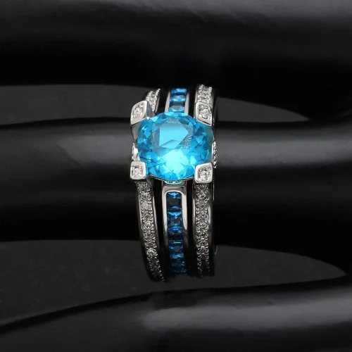 Vista 4 de UFOORO Juego de anillos de boda de cristal azul cielo para mujer, chapado en platino