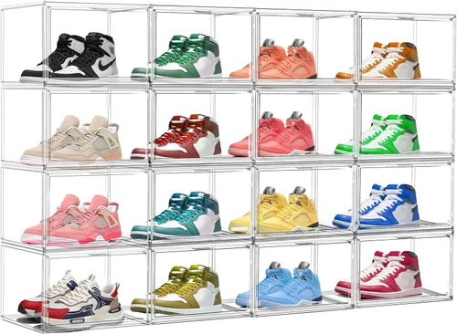 Vista 10 de Paquete de 2 cajas de zapatos de acrílico para armario, transparentes, apilables, tamaño 12 contenedores de almacenamiento de zapatos con tapas