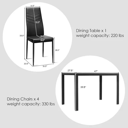 Vista 3 de S AFSTAR Juego de mesa de comedor de 5 piezas, juego de mesa de cocina con mesa de vidrio templado negro y 4 sillas acolchadas de piel sintética