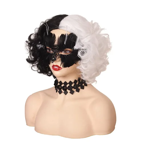 Vista 6 de Peluca corta mitad negra, mitad blanca, rizada, con collar y máscara, para mujer