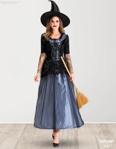 Vista 7 de KatchOn, Disfraz de bruja de Halloween para mujer, disfraz de bruja con sombrero negro Disfraces de brujas malvadas para mujer