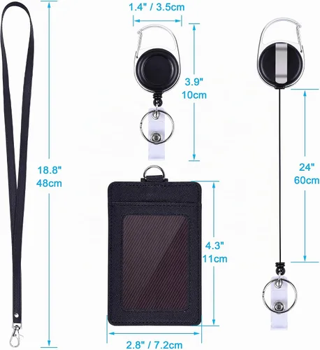 Vista 7 de Wisdompro - Soporte retráctil para tarjetas con cordón y carrete, color negro PU Leather, 2-Sided ID Card Holder, with Carabiner Badge Reel Clip