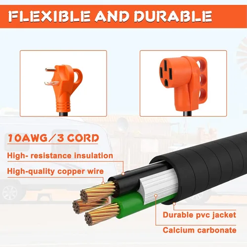 Vista 4 de Cable adaptador de RV macho de 30 amperios a hembra de 50 amperios de 12 pulgadas, adaptador eléctrico resistente con mango TT-30P macho a 14-50R