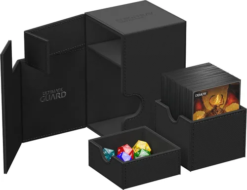 Vista 4 de Estuche Ultimate Guard Flip'n'Tray 100+, para 100 cartas con fundas dobles de TCG + bandeja para dados, negro, cierre magnético independiente