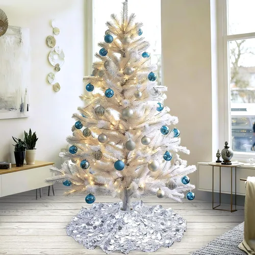 Vista 3 de Falda de árbol de Navidad plateada de 36 pulgadas, falda de árbol de Navidad con lentejuelas brillantes, decoraciones de Navidad con purpurina
