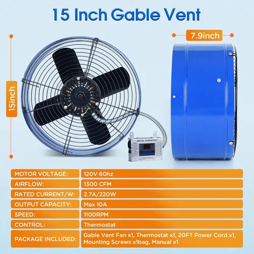 Vista 5 de Ventilador de escape de ático de 15 pulgadas con termostato - Ventilador de ventilación a dos aguas de 1300 CFM con cubiertas de termostato de 1850