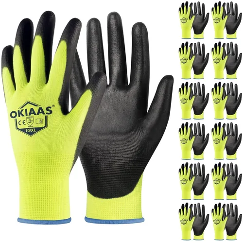 Vista 17 de OKIAAS Guantes de trabajo ultrafinos y ligeros para hombre con agarre, 12 pares, color negro, talla S