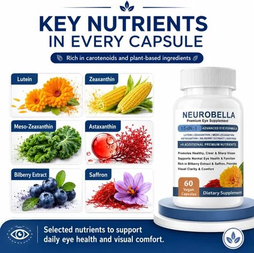 Vista 3 de Neurobella Fórmula Avanzada 15 en 1 para Ojos Apoyo Nutricional, 60 Cápsulas Contiene carotenoides (luteína, zeaxantina, etc. ), extracto