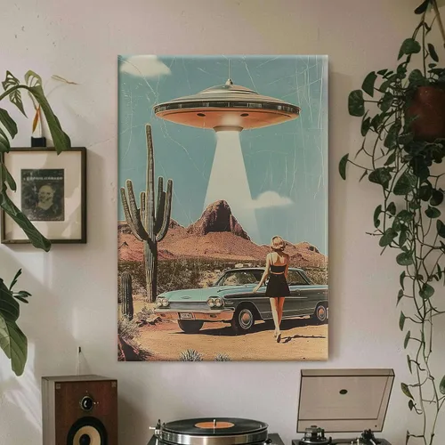 Vista 5 de Lienzo de paisaje del desierto para pared, póster de platillo volador, imagen retro de los años 70, estilo de los años 70, arte de pared vintage