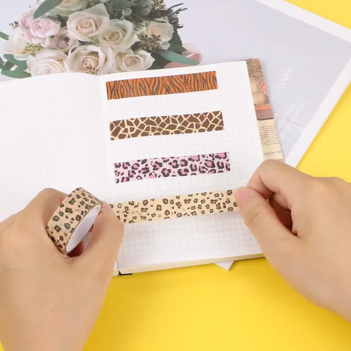 Vista 5 de DREMISI 6 rollos de calcomanías de cinta washi con estampado de animales, guepardo, vacas, cebra, jirafa, leopardo, cinta adhesiva decorativa