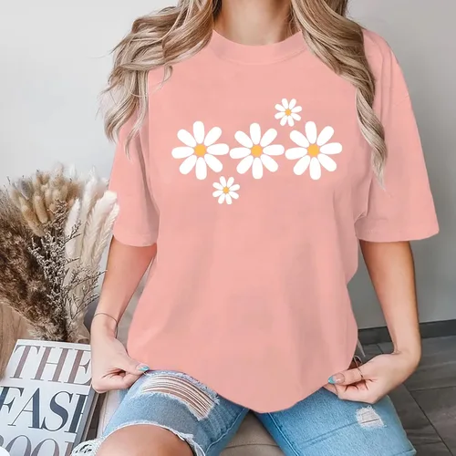 Vista 2 de Faktuzi - Camisas de margaritas para mujer, camisetas de gran tamaño, camisetas gráficas de flores, camisetas vintage con estampado floral y cuello