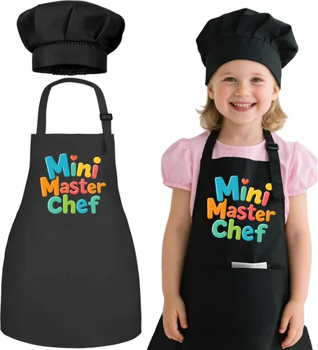 Vista 11 de Juego de Delantal y Gorro de Chef para Niños - Delantal de Cocina Ajustable para Niños con 2 Bolsillos, Negro, para Niños y Niñas de 3 a 8 Años