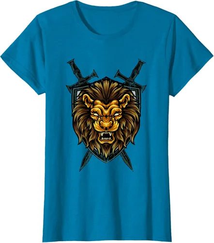 Vista 105 de Camiseta con diseño de caballero medieval renacentista, con diseño de espada de león, Negro, S