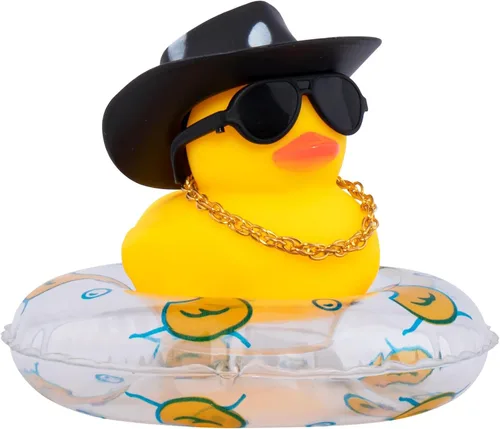 Vista 53 de wonuu Pato de goma para automóvil, decoración de pato amarillo con sombrero para el sol, anillo de natación, collar, gafas de sol para decoración