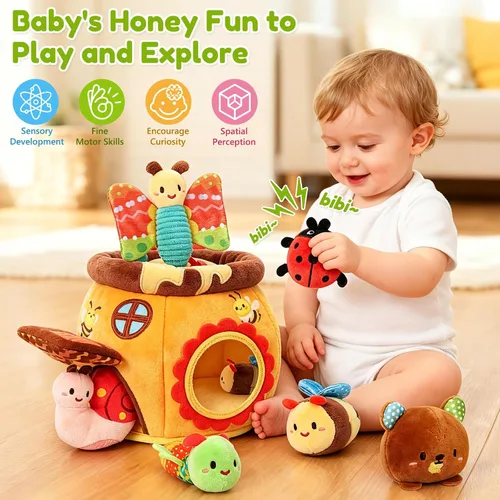 Vista 2 de Juguetes para bebés de 6 a 12 meses, tarro de miel sorpresa con animales de peluche sensoriales, sonajero, crujiente, espejo, juguetes Montessori