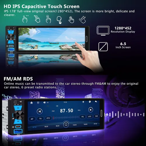 Vista 3 de Radio inalámbrica Apple CarPlay Android de 6.5 "con pantalla táctil DIN único FM/AM Car Stereo with Bluetooth 5.2,180W Audio,20-Band