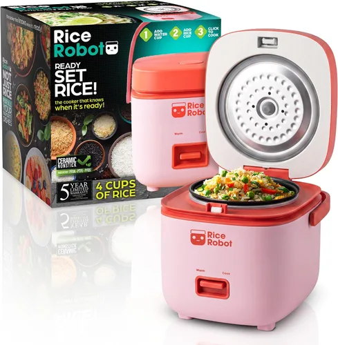 Vista 11 de Rice Robot - Arrocera personal, sin PFAS, antiadherente. Capacidad de 1 cuarto, con bandeja de vapor de acero inoxidable, tazas medidoras, libro