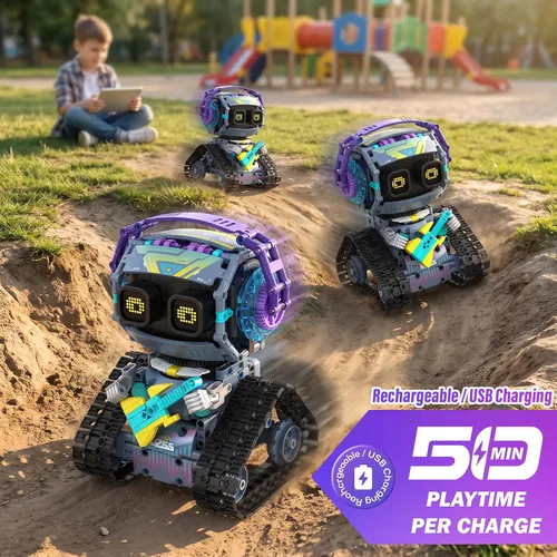 Vista 4 de Kit de construcción de robot STEM, 3 en 1 juguetes robóticos controlados por control remoto y aplicación, set de bloques de construcción de robots
