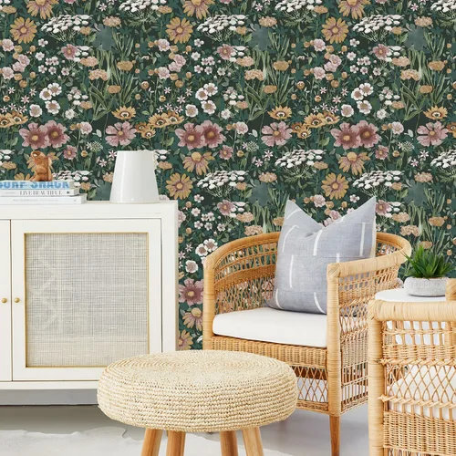 Vista 2 de Orainege Papel tapiz autoadhesivo para despegar y pegar, diseño floral, estilo bohemio, vintage, de 16.9 x 118.1 pulgadas, diseño de margaritas