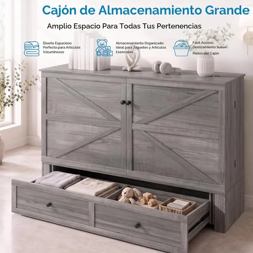 Vista 7 de Mjkone Murphy - Cama de armario con colchón plegable de tres pliegues, tamaño matrimonial, color gris