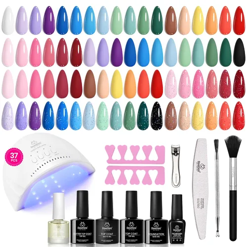 Vista 21 de Beetles - Kit de esmalte de uñas de gel con luz UV, 80 unidades, 55 colores Color Enchantment with Everything Base Top Coat Beginner Starter at