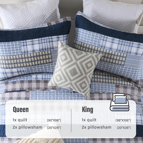 Vista 5 de Y-PLWOMEN Colcha tamaño Queen – Colcha reversible de 100% algodón a rayas estilo granja, ligera, acogedora y moderna, ropa de cama de campo para Azul