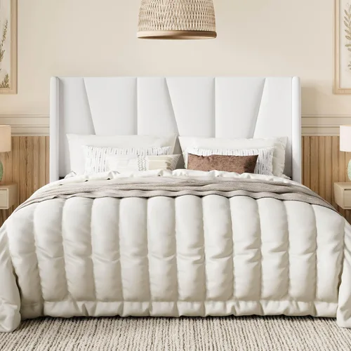 Vista 15 de SHA CERLIN Base de cama tamaño Queen con cabecera geométrica con respaldo de ala, plataforma tapizada con soporte de listones de madera, espacio Gris