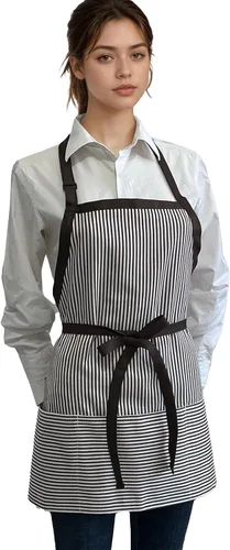 Vista 7 de Delantal de cocina con 3 bolsillos, delantal ajustable para servidor, delantal de camarera con bolsillos a rayas