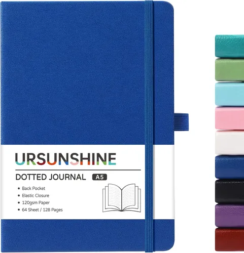Vista 47 de Cuaderno punteado, diario, 5.3 x 8.26 pulgadas, tapa dura, prémium, papel grueso, doble espiral, bandas, cuero negro sintético, lazo para bolígrafo