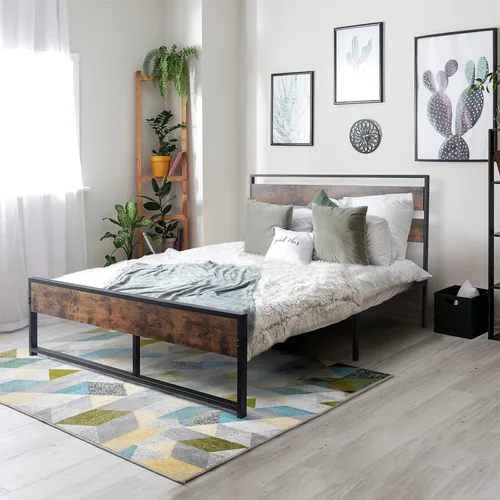 Vista 9 de CAPHAUS Base de cama de metal con cabecera y estribo de madera, plataforma de metal con marco de acero de primera calidad, base de colchón, sin