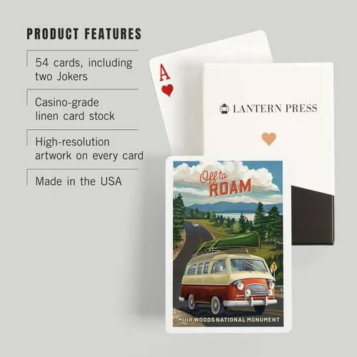 Vista 3 de Lantern Press Muir Woods National Monument, California, Camper Van, Off to Roam, 52 Playing Cards for Adults, Poker Size Card Deck