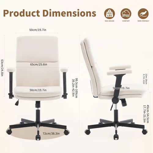 Vista 2 de Silla de oficina ajustable con respaldo medio, cómoda, de lino, ergonómica, con respaldo para el hogar, silla de computadora con reposabrazos Beige