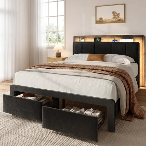 Vista 8 de Base de cama de tamaño matrimonial, cama de plataforma tapizada con 2 cajones de almacenamiento, cabecera de canal vertical de terciopelo con luces