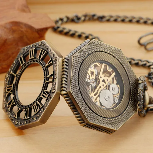 Vista 7 de Bronze Men's Antique Mechanical Pocket Watch, Skeleton Mechanical Roman Numerals Pocket Watch with Chain + Box