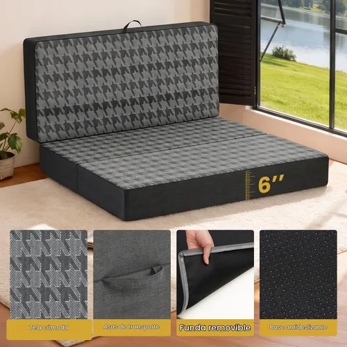 Vista 5 de Colchón triple plegable tamaño matrimonial – Colchón plegable de espuma viscoelástica de doble capa de 6 pulgadas, sofá cama portátil con funda Negro