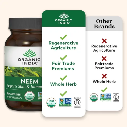 Vista 6 de Organic India Cápsulas de Hoja de Neem - Suplemento Herbal, Apoya la Salud de la Piel y del Sistema Inmunológico, Vegano, Sin Gluten, Certificado