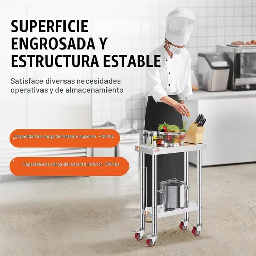 Vista 3 de Vevor Mesa de trabajo de acero inoxidable con ruedas de 24 x 12 x 32 pulgadas, mesa de preparación con 4 ruedas, mesa de trabajo resistente
