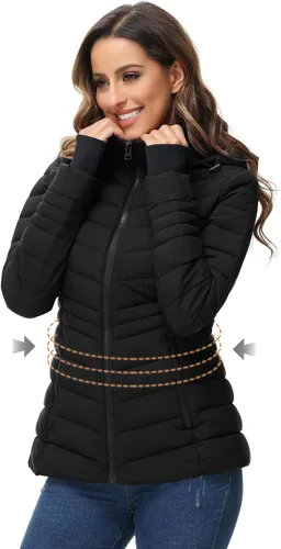 Vista 2 de ROYAL MATRIX Chaqueta acolchada plegable para mujer, chaqueta acolchada ligera para invierno, cálida chaqueta acolchada con capucha desmontable Negro