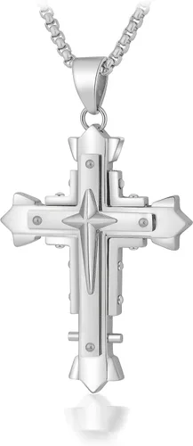 Vista 2 de GOVENUS Collar grande con colgante de cruz de Jesucristo de acero inoxidable, joyería religiosa para hombre, en cadena rolobizantina, plataoronegro